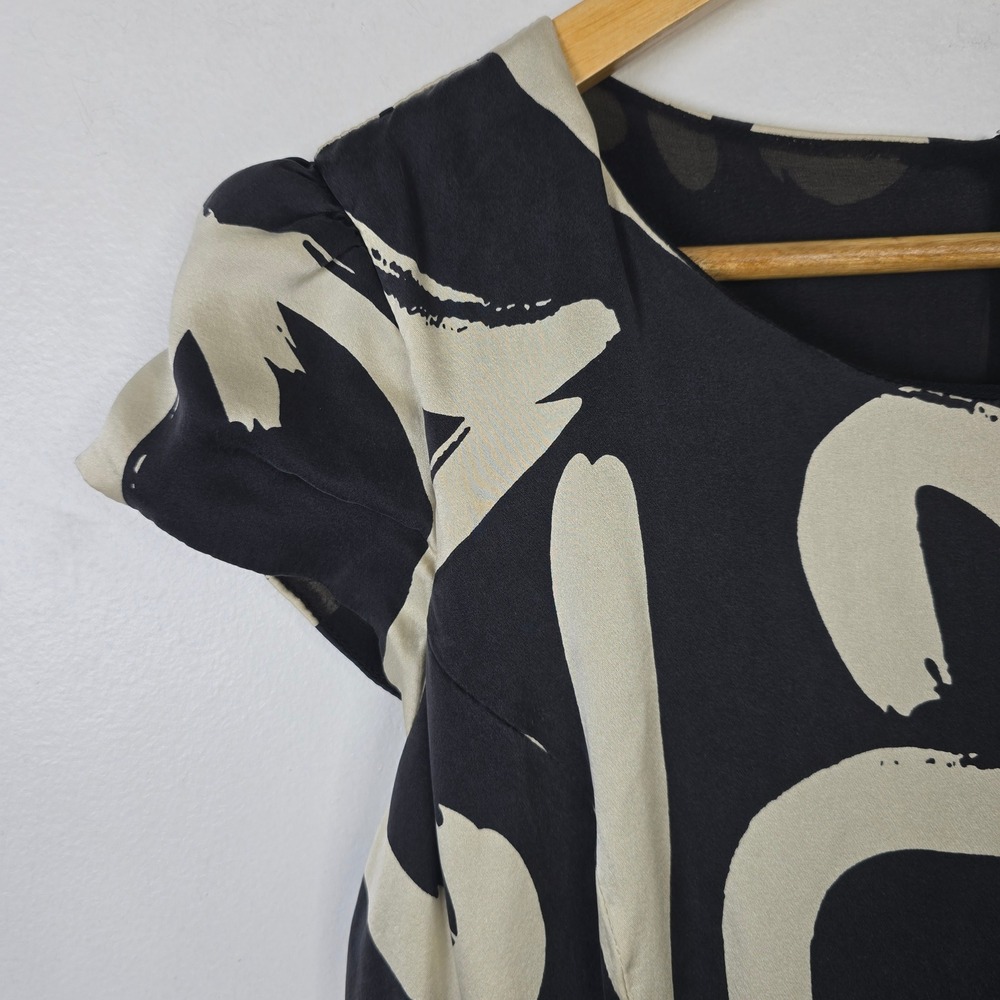 Lan Jue Silk Abstract Graphic Print Cap Sleeve Sheath Dress Black Cream XXL US M - Picture 4 of 8